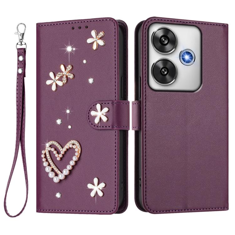 For Xiaomi Poco F6 5G / Redmi Turbo 3 ZS01 Double-Layer Heart Floral Vegan Leather Phone Case with Wrist Strap