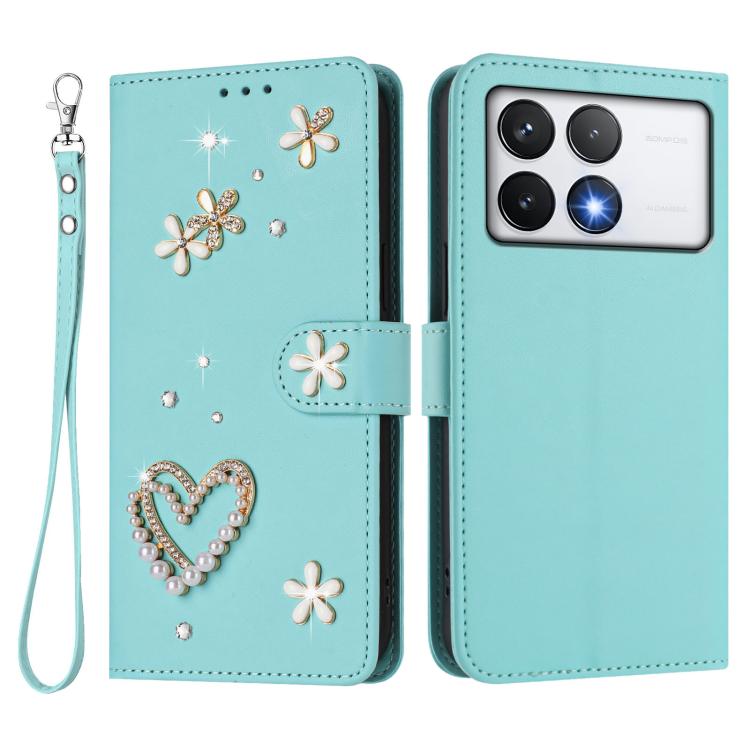 For Xiaomi Poco F6 Pro 5G / Redmi K70 ZS01 Double-Layer Heart Floral Vegan Leather Phone Case with Wrist Strap