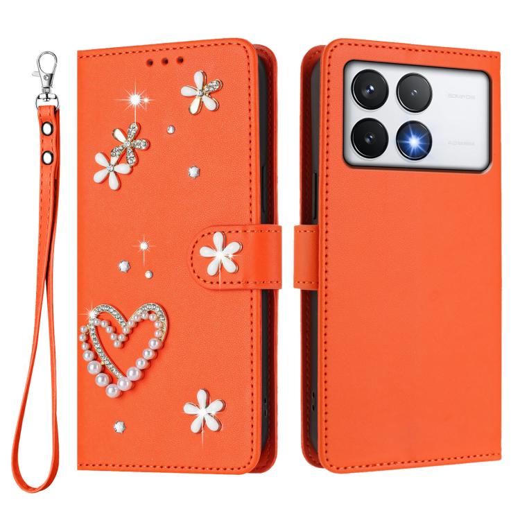 For Xiaomi Poco F6 Pro 5G / Redmi K70 ZS01 Double-Layer Heart Floral Vegan Leather Phone Case with Wrist Strap