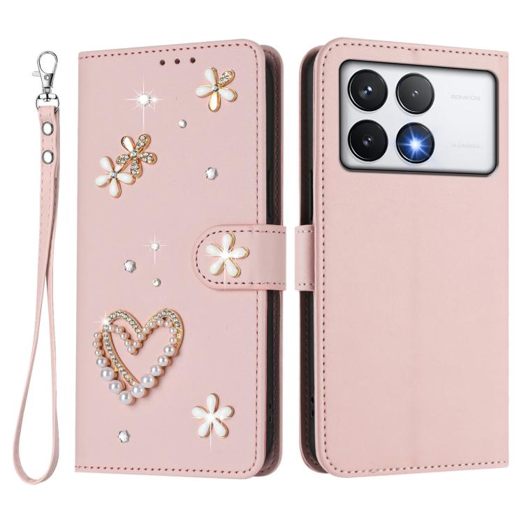 For Xiaomi Poco F6 Pro 5G / Redmi K70 ZS01 Double-Layer Heart Floral Vegan Leather Phone Case with Wrist Strap