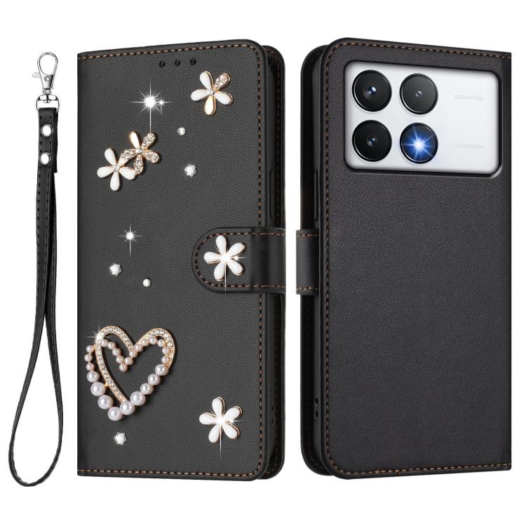 For Xiaomi Poco F6 Pro 5G / Redmi K70 ZS01 Double-Layer Heart Floral Vegan Leather Phone Case with Wrist Strap