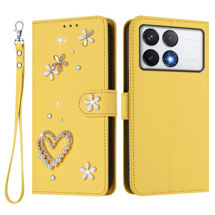 For Xiaomi Poco F6 Pro 5G / Redmi K70 ZS01 Double-Layer Heart Floral Vegan Leather Phone Case with Wrist Strap