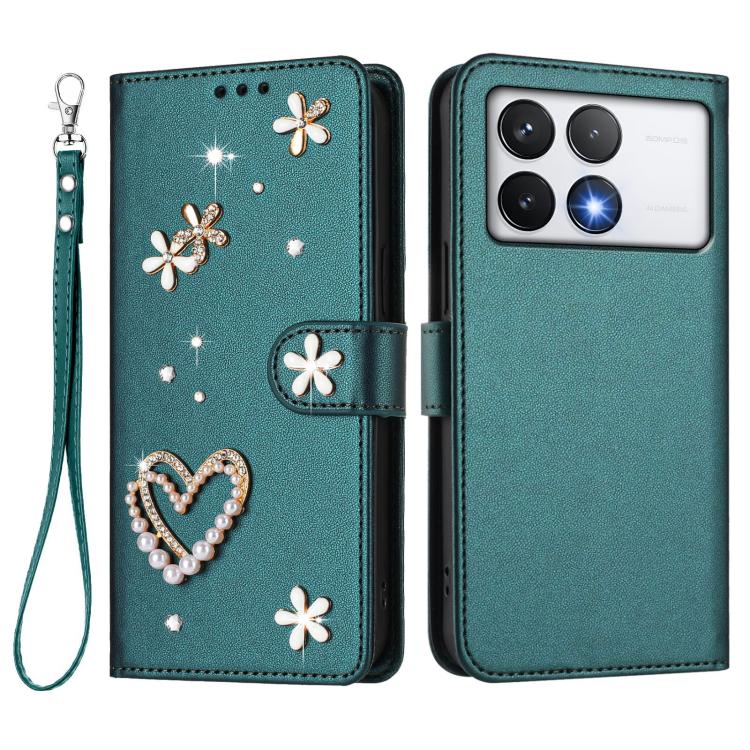 For Xiaomi Poco F6 Pro 5G / Redmi K70 ZS01 Double-Layer Heart Floral Vegan Leather Phone Case with Wrist Strap