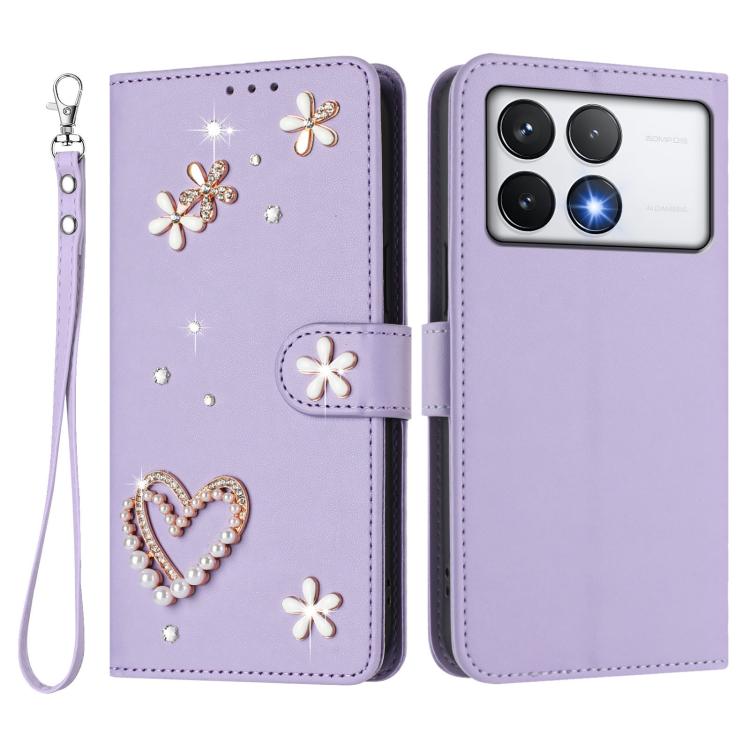 For Xiaomi Poco F6 Pro 5G / Redmi K70 ZS01 Double-Layer Heart Floral Vegan Leather Phone Case with Wrist Strap