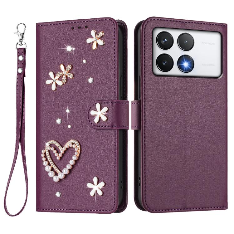 For Xiaomi Poco F6 Pro 5G / Redmi K70 ZS01 Double-Layer Heart Floral Vegan Leather Phone Case with Wrist Strap