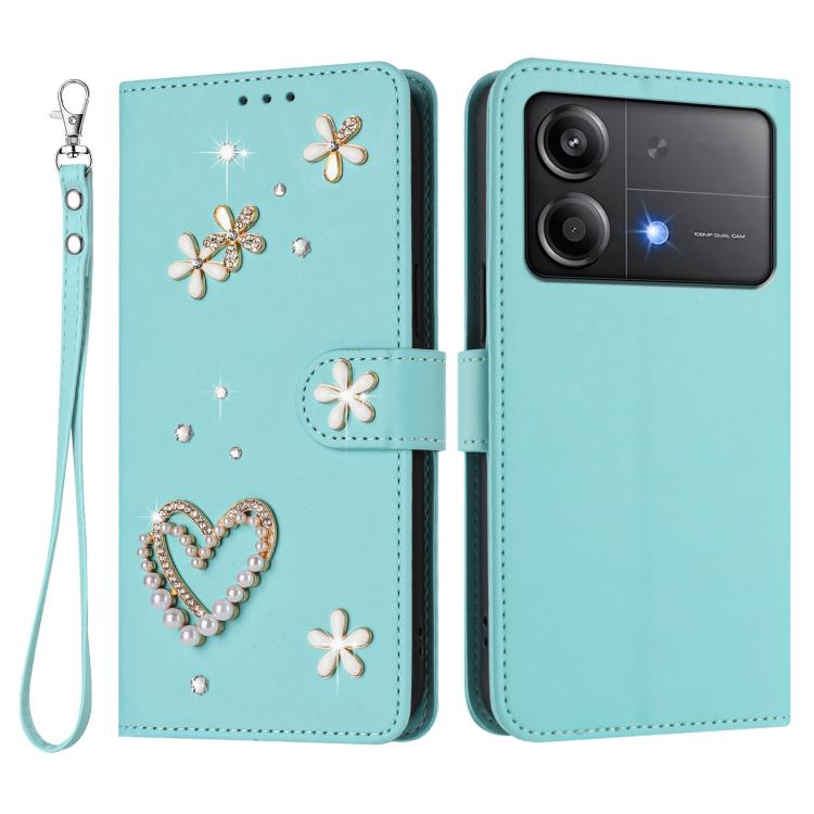 For Xiaomi Poco X6 Neo 5G ZS01 Double-Layer Heart Floral Vegan Leather Phone Case with Wrist Strap