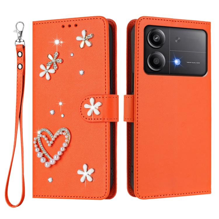 For Xiaomi Poco X6 Neo 5G ZS01 Double-Layer Heart Floral Vegan Leather Phone Case with Wrist Strap
