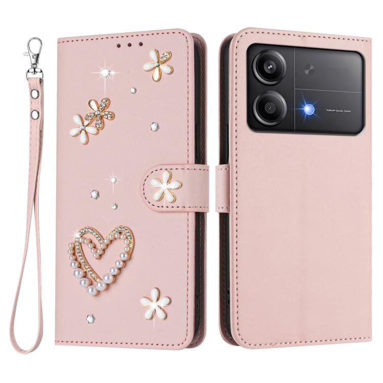 For Xiaomi Poco X6 Neo 5G ZS01 Double-Layer Heart Floral Vegan Leather Phone Case with Wrist Strap