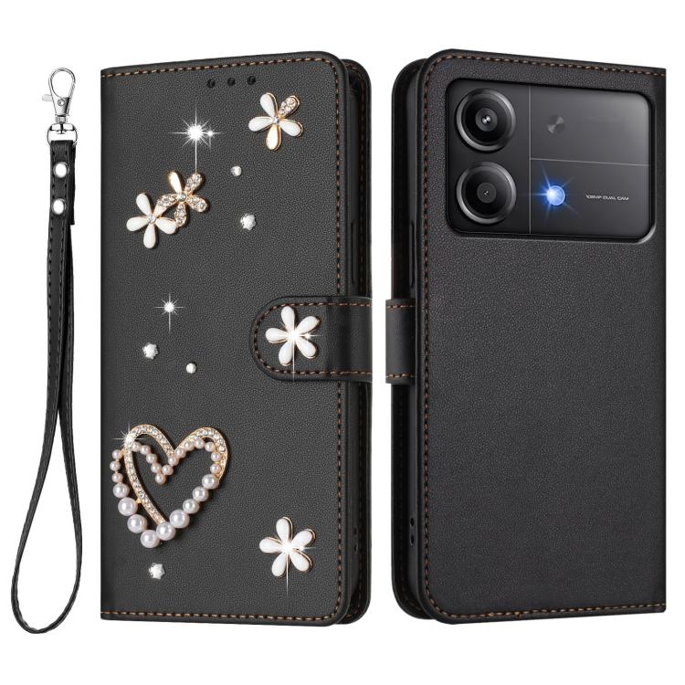For Xiaomi Poco X6 Neo 5G ZS01 Double-Layer Heart Floral Vegan Leather Phone Case with Wrist Strap