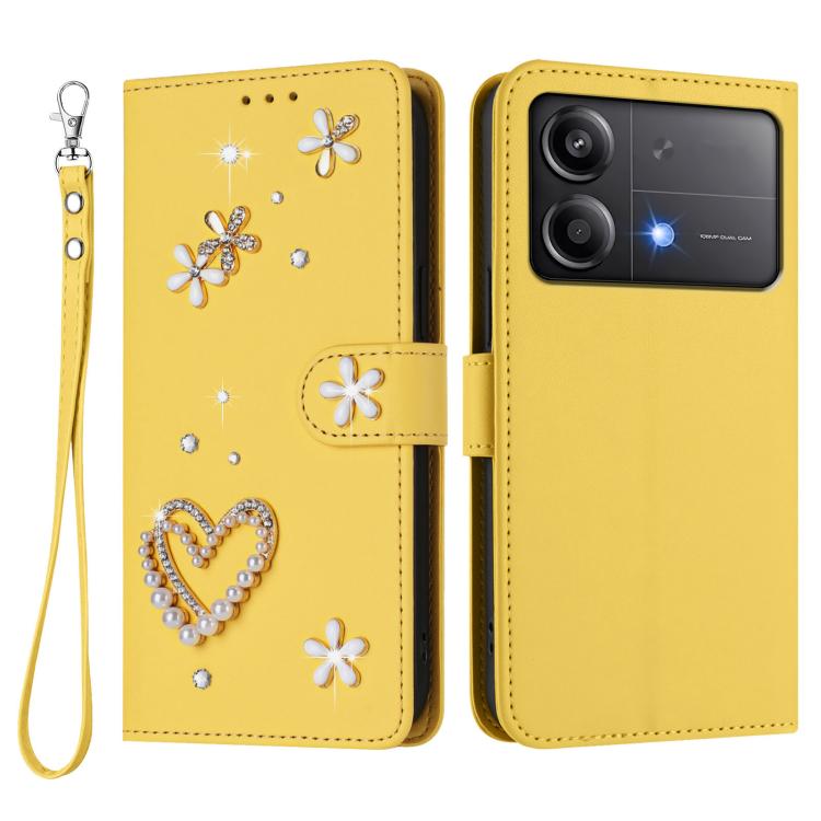 For Xiaomi Poco X6 Neo 5G ZS01 Double-Layer Heart Floral Vegan Leather Phone Case with Wrist Strap