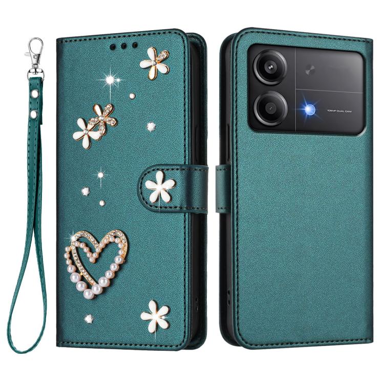 For Xiaomi Poco X6 Neo 5G ZS01 Double-Layer Heart Floral Vegan Leather Phone Case with Wrist Strap