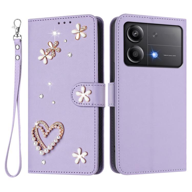 For Xiaomi Poco X6 Neo 5G ZS01 Double-Layer Heart Floral Vegan Leather Phone Case with Wrist Strap