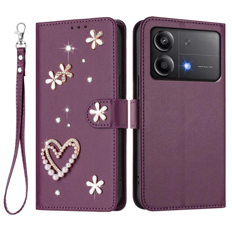 For Xiaomi Poco X6 Neo 5G ZS01 Double-Layer Heart Floral Vegan Leather Phone Case with Wrist Strap