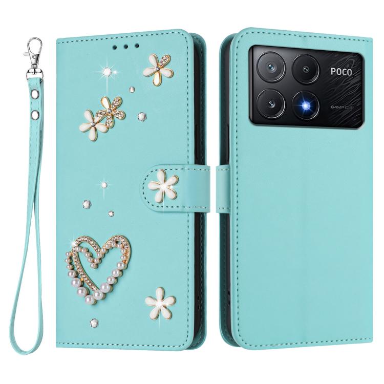 For Xiaomi Poco X6 Pro 5G / Redmi K70E ZS01 Double-Layer Heart Floral Vegan Leather Phone Case with Wrist Strap