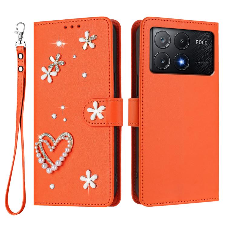 For Xiaomi Poco X6 Pro 5G / Redmi K70E ZS01 Double-Layer Heart Floral Vegan Leather Phone Case with Wrist Strap