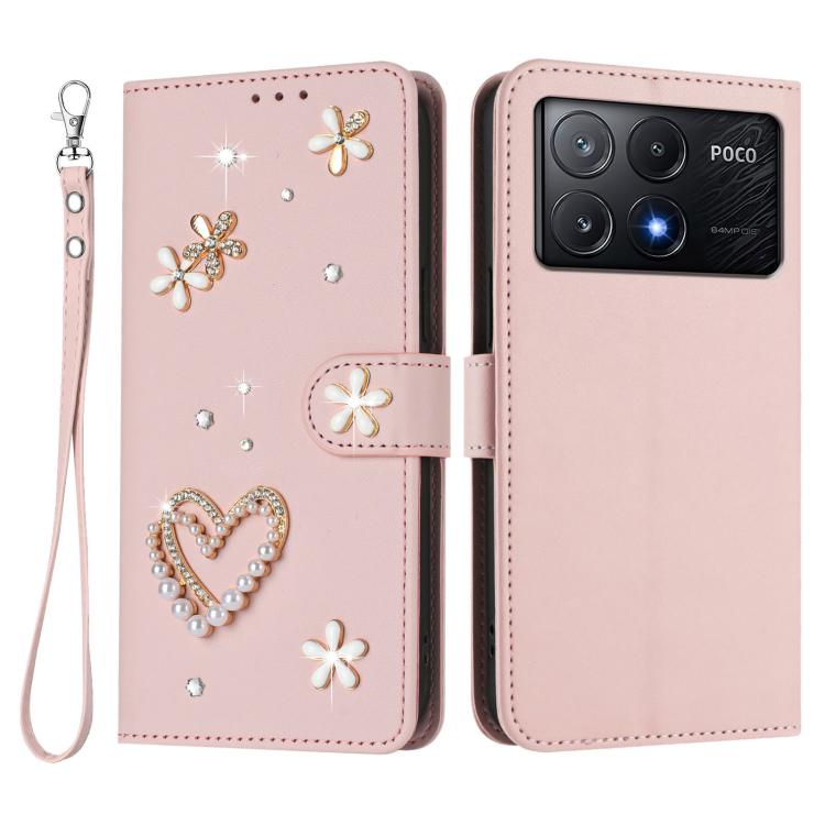 For Xiaomi Poco X6 Pro 5G / Redmi K70E ZS01 Double-Layer Heart Floral Vegan Leather Phone Case with Wrist Strap