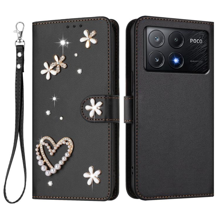 For Xiaomi Poco X6 Pro 5G / Redmi K70E ZS01 Double-Layer Heart Floral Vegan Leather Phone Case with Wrist Strap