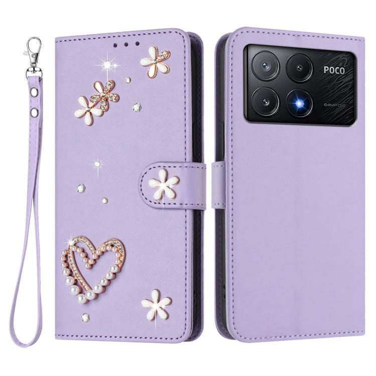 For Xiaomi Poco X6 Pro 5G / Redmi K70E ZS01 Double-Layer Heart Floral Vegan Leather Phone Case with Wrist Strap