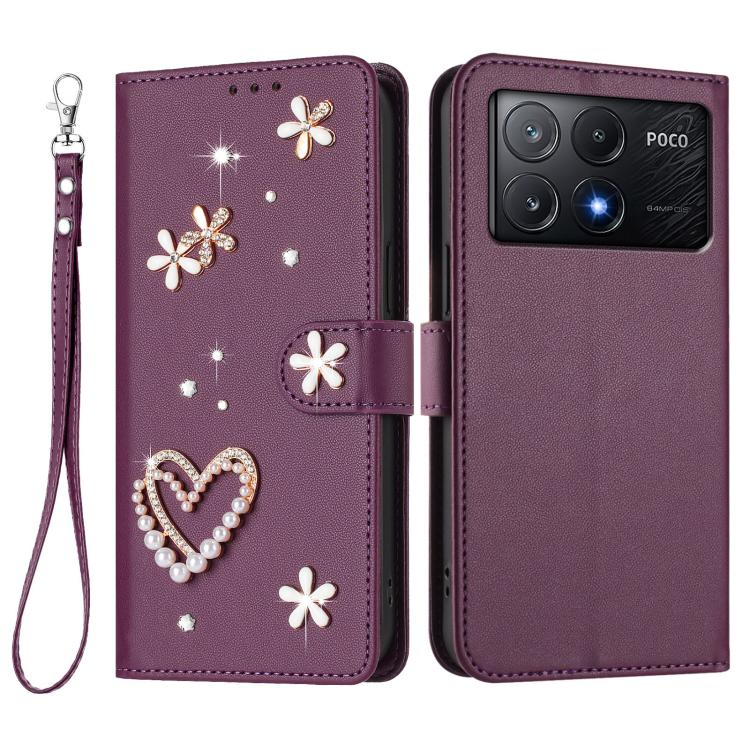 For Xiaomi Poco X6 Pro 5G / Redmi K70E ZS01 Double-Layer Heart Floral Vegan Leather Phone Case with Wrist Strap