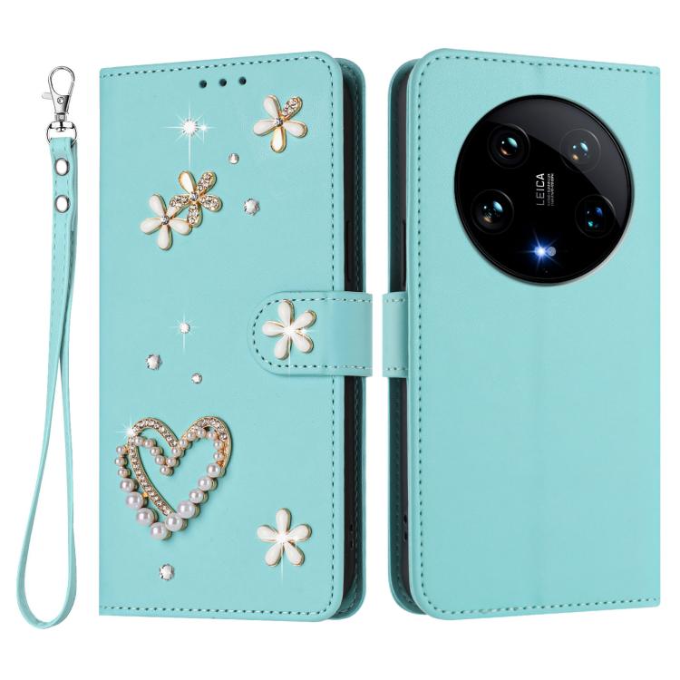 For Xiaomi 14 Ultra 5G ZS01 Double-Layer Heart Floral Vegan Leather Phone Case with Wrist Strap