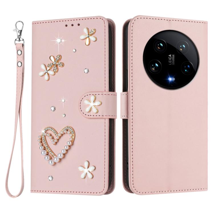For Xiaomi 14 Ultra 5G ZS01 Double-Layer Heart Floral Vegan Leather Phone Case with Wrist Strap