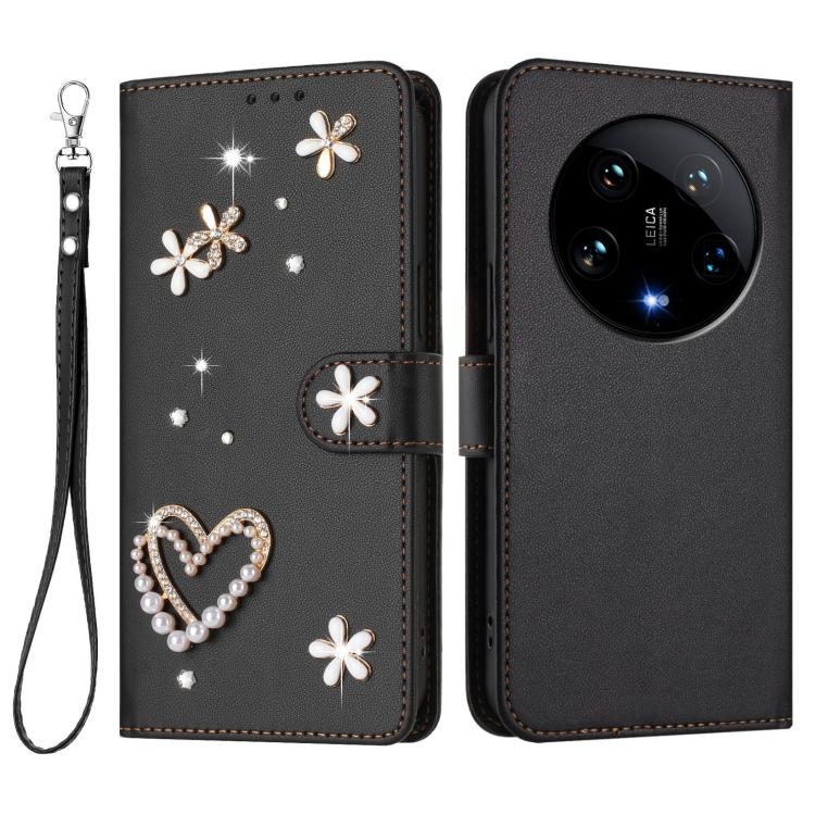 For Xiaomi 14 Ultra 5G ZS01 Double-Layer Heart Floral Vegan Leather Phone Case with Wrist Strap