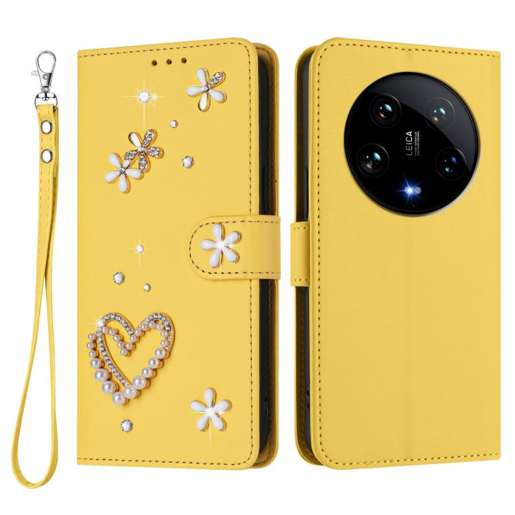 For Xiaomi 14 Ultra 5G ZS01 Double-Layer Heart Floral Vegan Leather Phone Case with Wrist Strap