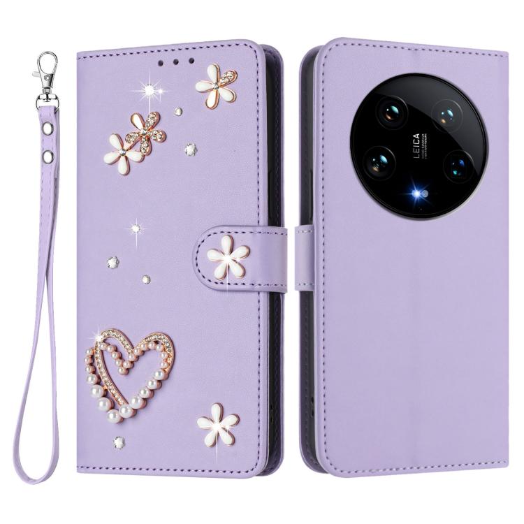 For Xiaomi 14 Ultra 5G ZS01 Double-Layer Heart Floral Vegan Leather Phone Case with Wrist Strap