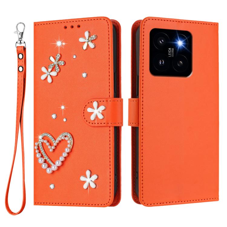 For Xiaomi 14 Pro 5G ZS01 Double-Layer Heart Floral Vegan Leather Phone Case with Wrist Strap