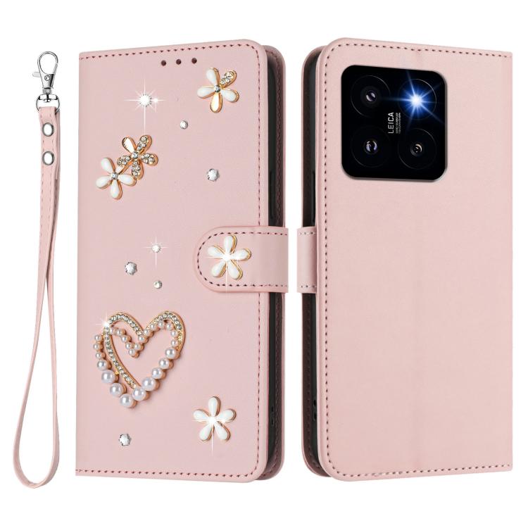 For Xiaomi 14 Pro 5G ZS01 Double-Layer Heart Floral Vegan Leather Phone Case with Wrist Strap