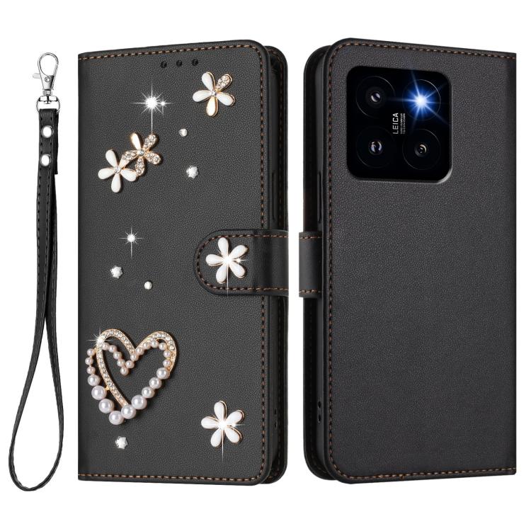 For Xiaomi 14 Pro 5G ZS01 Double-Layer Heart Floral Vegan Leather Phone Case with Wrist Strap