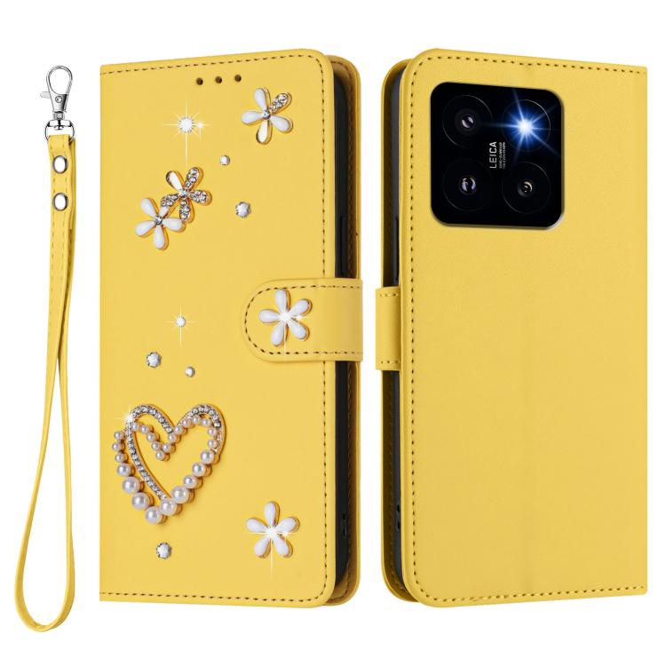 For Xiaomi 14 Pro 5G ZS01 Double-Layer Heart Floral Vegan Leather Phone Case with Wrist Strap
