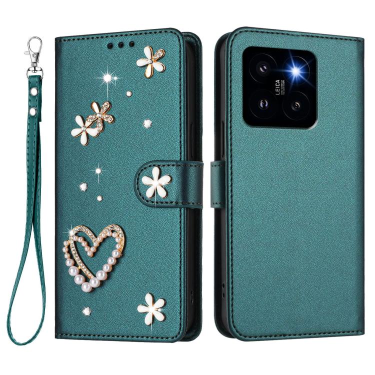 For Xiaomi 14 Pro 5G ZS01 Double-Layer Heart Floral Vegan Leather Phone Case with Wrist Strap