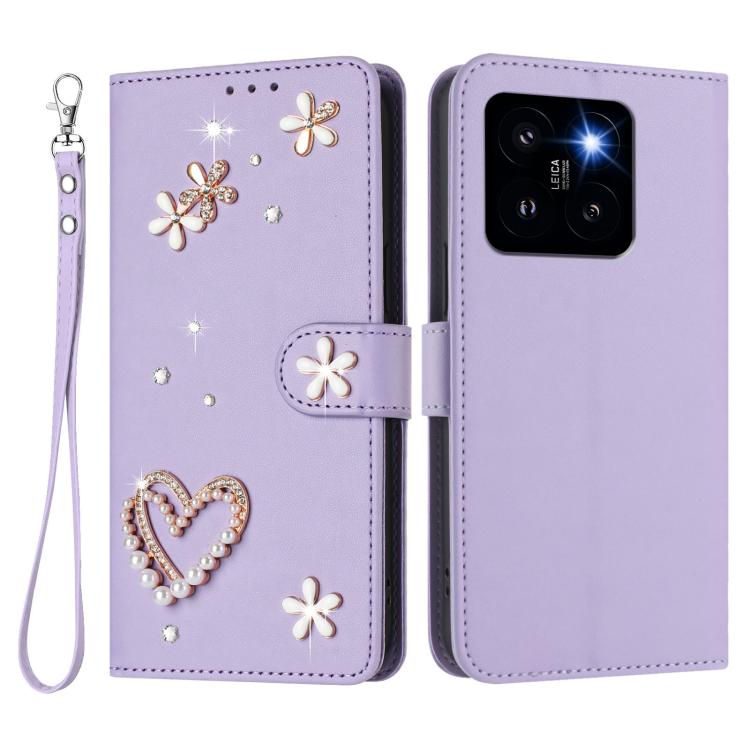 For Xiaomi 14 Pro 5G ZS01 Double-Layer Heart Floral Vegan Leather Phone Case with Wrist Strap