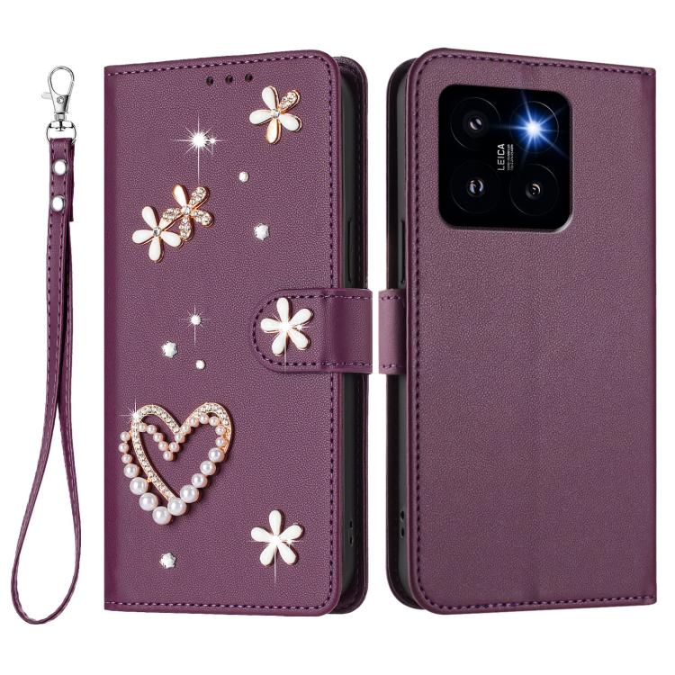 For Xiaomi 14 Pro 5G ZS01 Double-Layer Heart Floral Vegan Leather Phone Case with Wrist Strap