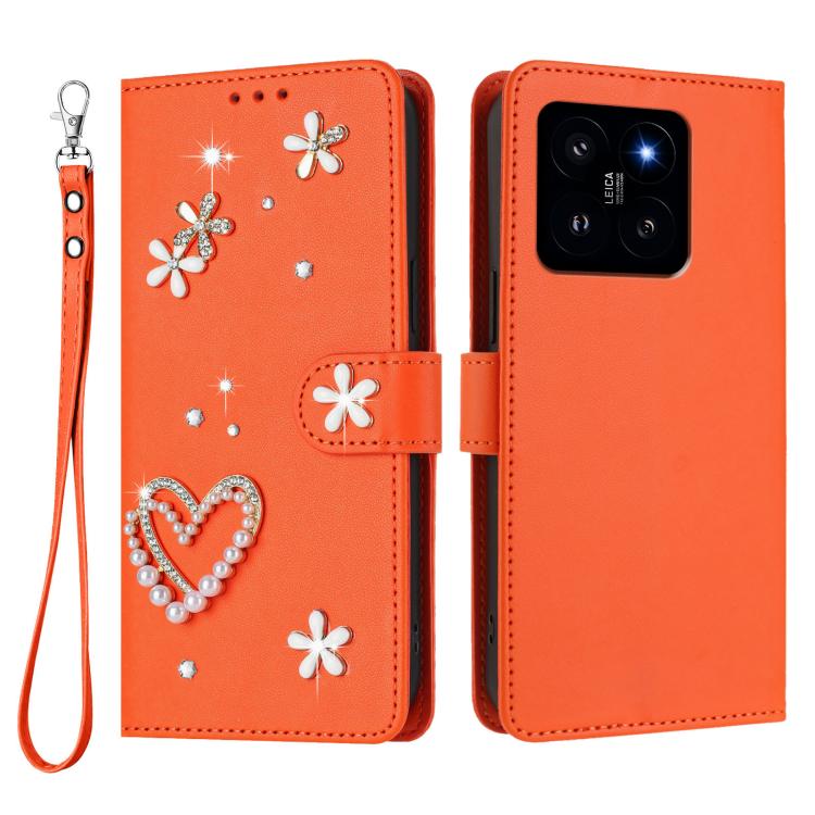 For Xiaomi 14 5G ZS01 Double-Layer Heart Floral Vegan Leather Phone Case with Wrist Strap