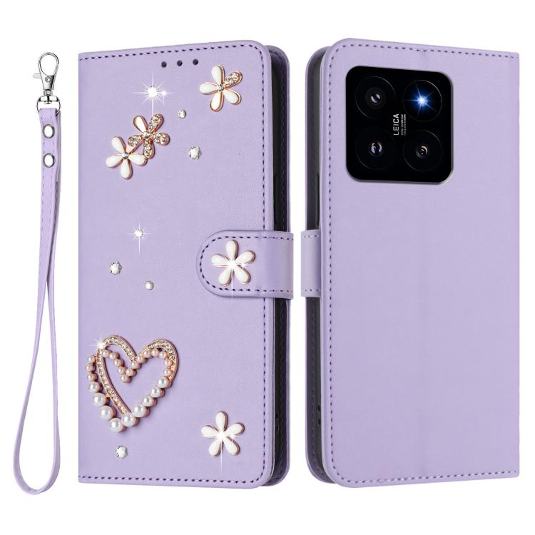 For Xiaomi 14 5G ZS01 Double-Layer Heart Floral Vegan Leather Phone Case with Wrist Strap