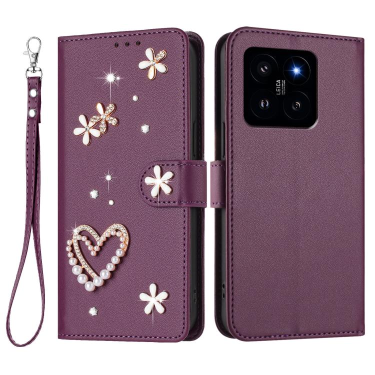 For Xiaomi 14 5G ZS01 Double-Layer Heart Floral Vegan Leather Phone Case with Wrist Strap
