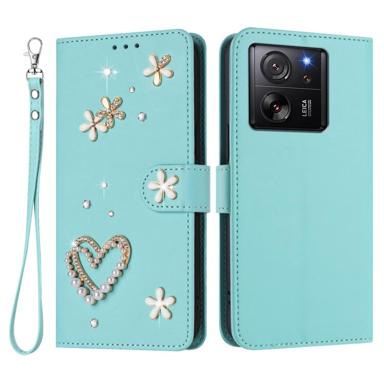 For Xiaomi 13T / 13T Pro 5G ZS01 Double-Layer Heart Floral Vegan Leather Phone Case with Wrist Strap