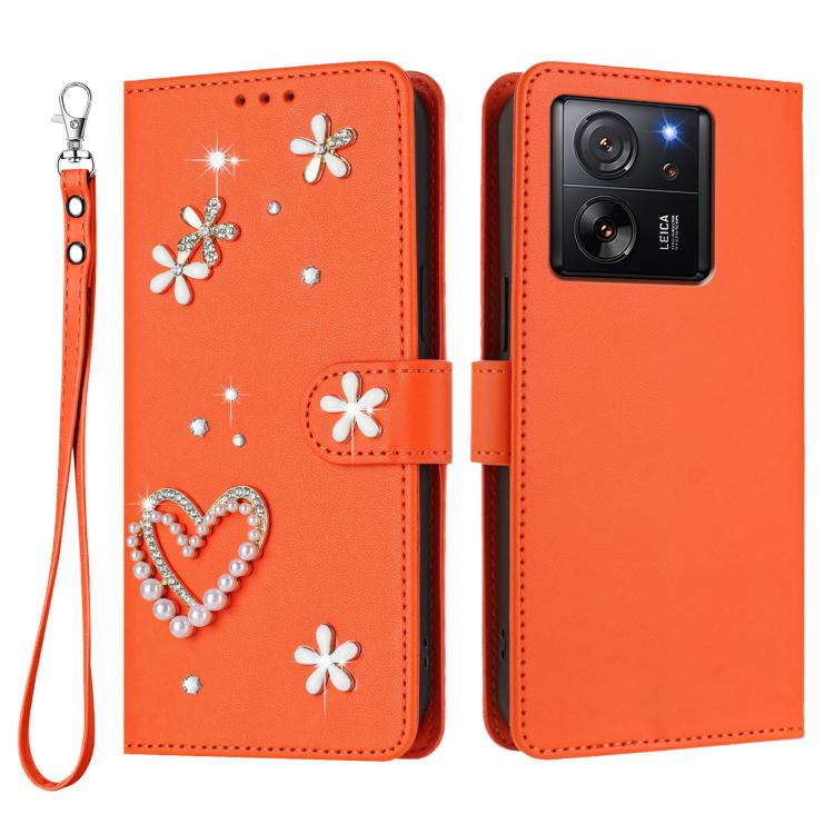 For Xiaomi 13T / 13T Pro 5G ZS01 Double-Layer Heart Floral Vegan Leather Phone Case with Wrist Strap