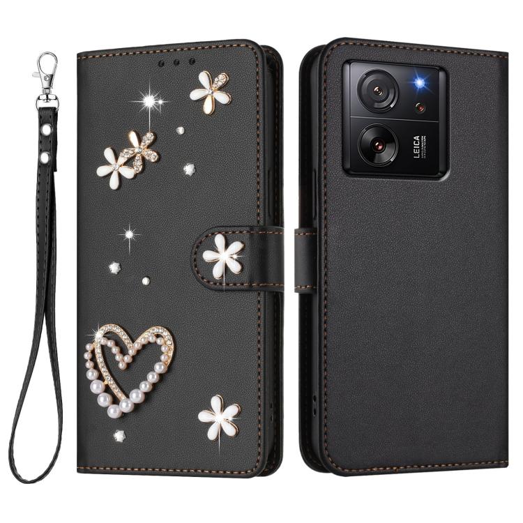 For Xiaomi 13T / 13T Pro 5G ZS01 Double-Layer Heart Floral Vegan Leather Phone Case with Wrist Strap