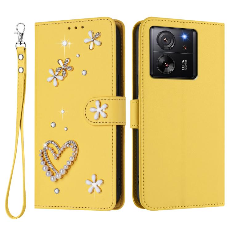 For Xiaomi 13T / 13T Pro 5G ZS01 Double-Layer Heart Floral Vegan Leather Phone Case with Wrist Strap