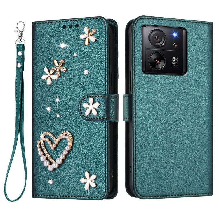 For Xiaomi 13T / 13T Pro 5G ZS01 Double-Layer Heart Floral Vegan Leather Phone Case with Wrist Strap