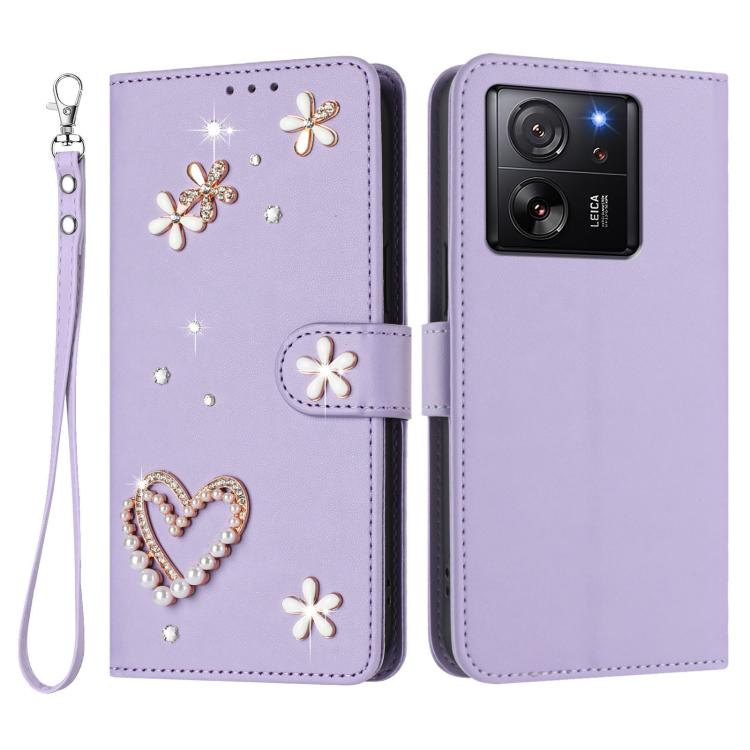 For Xiaomi 13T / 13T Pro 5G ZS01 Double-Layer Heart Floral Vegan Leather Phone Case with Wrist Strap