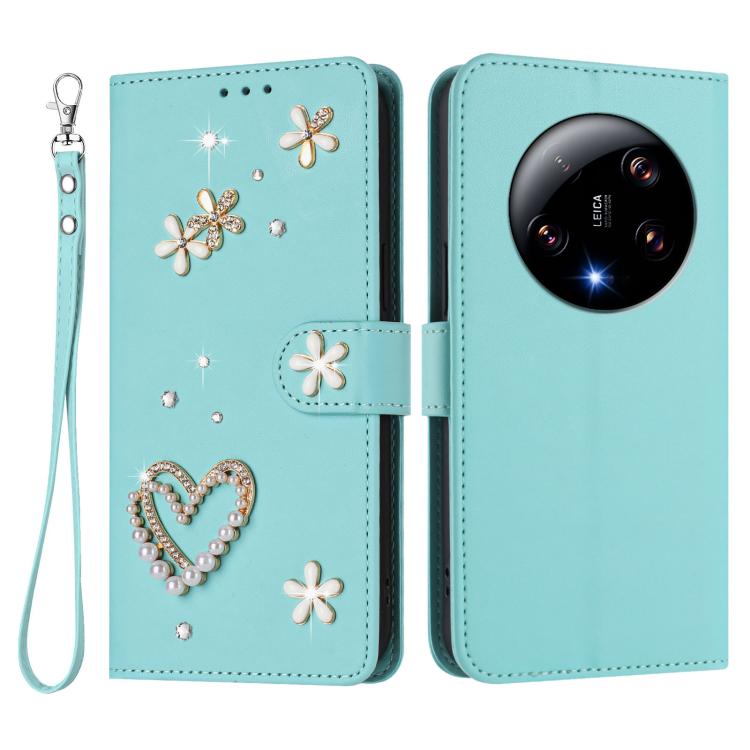 For Xiaomi 13 Ultra 5G ZS01 Double-Layer Heart Floral Vegan Leather Phone Case with Wrist Strap