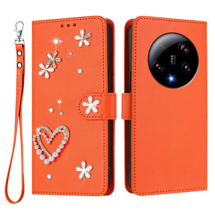For Xiaomi 13 Ultra 5G ZS01 Double-Layer Heart Floral Vegan Leather Phone Case with Wrist Strap