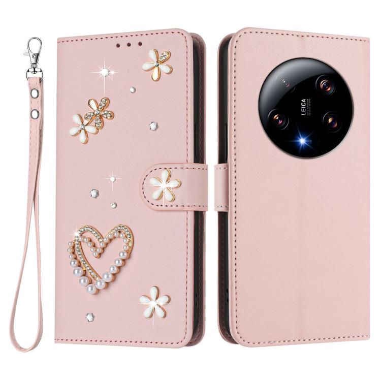 For Xiaomi 13 Ultra 5G ZS01 Double-Layer Heart Floral Vegan Leather Phone Case with Wrist Strap