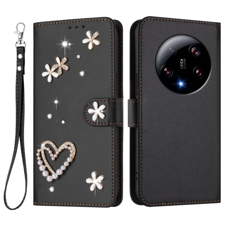 For Xiaomi 13 Ultra 5G ZS01 Double-Layer Heart Floral Vegan Leather Phone Case with Wrist Strap
