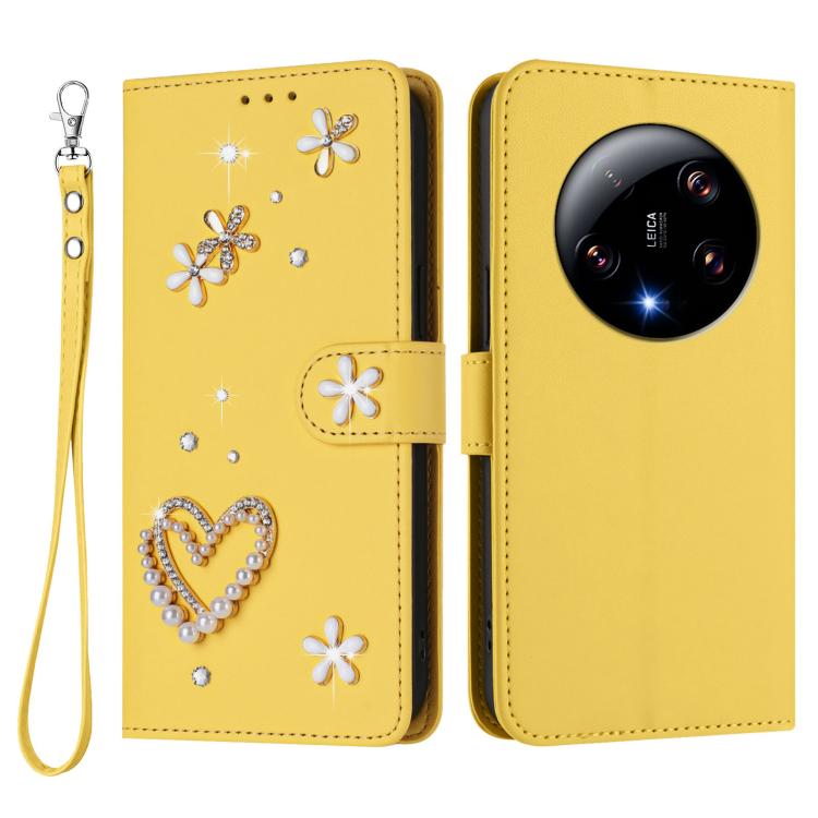 For Xiaomi 13 Ultra 5G ZS01 Double-Layer Heart Floral Vegan Leather Phone Case with Wrist Strap