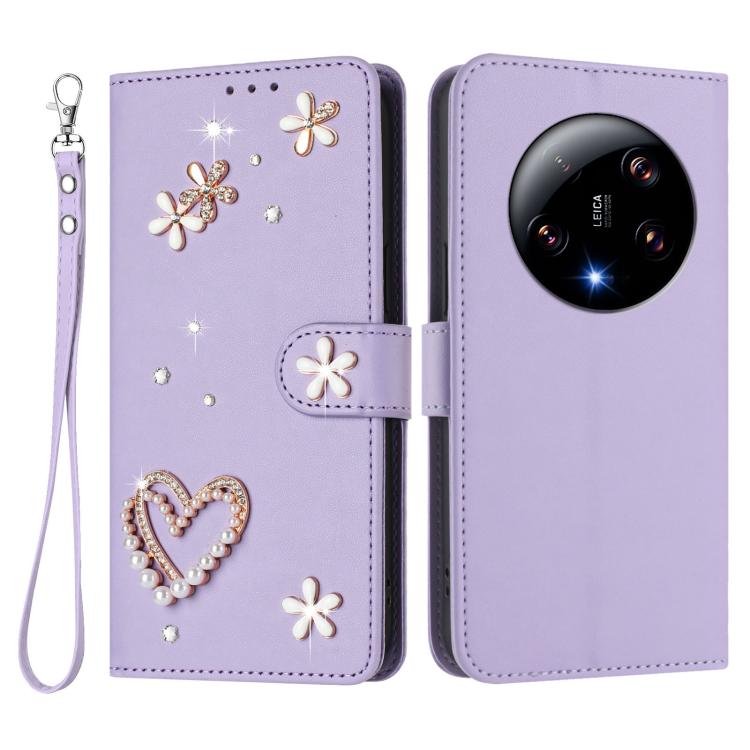 For Xiaomi 13 Ultra 5G ZS01 Double-Layer Heart Floral Vegan Leather Phone Case with Wrist Strap